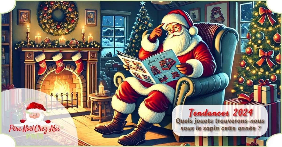 Le Père Noël feuilletant le catalogue des jouets de Noël au coin du feu
