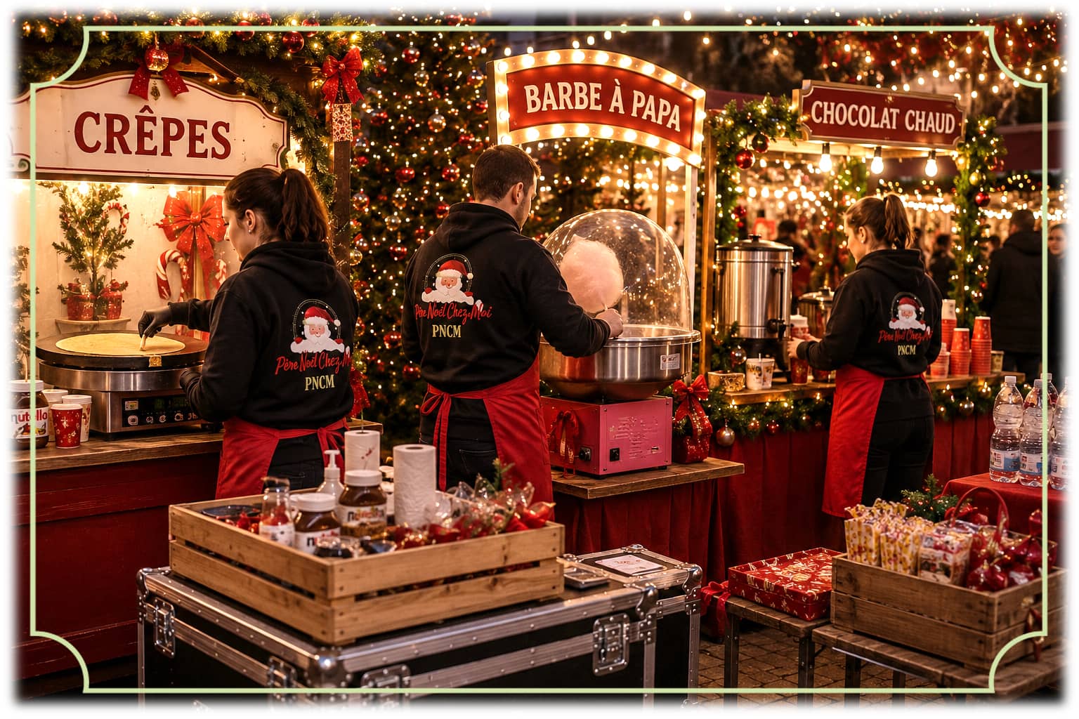 Stands gourmands de Noël, sur un marché de Noël