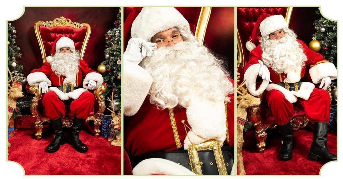 Le Père Noël avec son nouveau costume flamboyant, en majesté avec son décor de Noël
