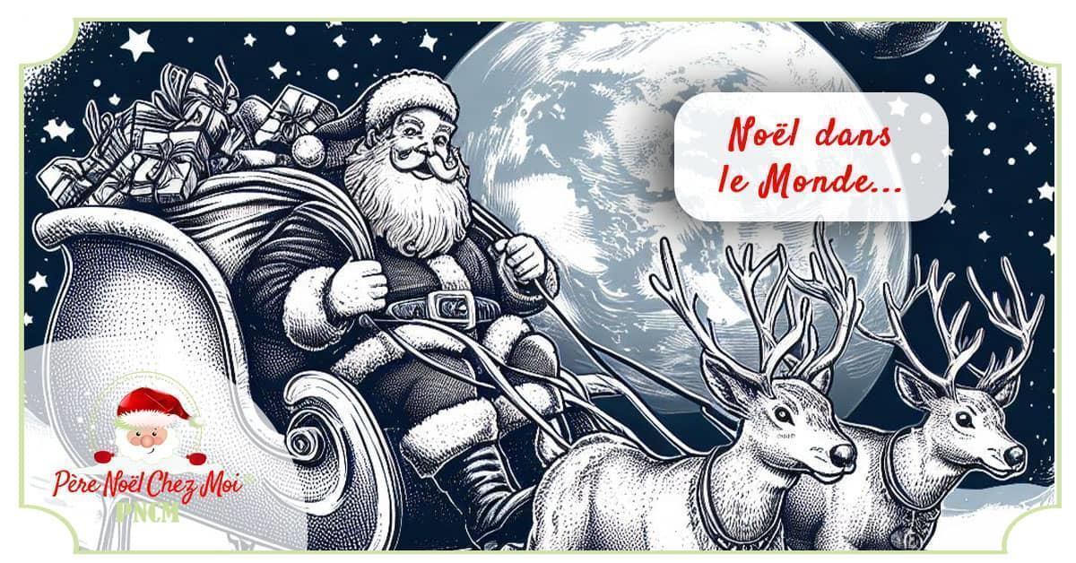Le Père Noël, dans son traineau, faisant le tour de la terre et des étoiles